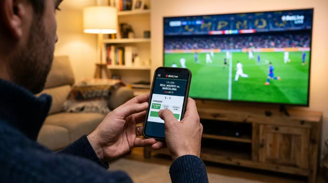 Aficionado siguiendo un partido de la Premier League en directo desde su móvil para apostar en vivo