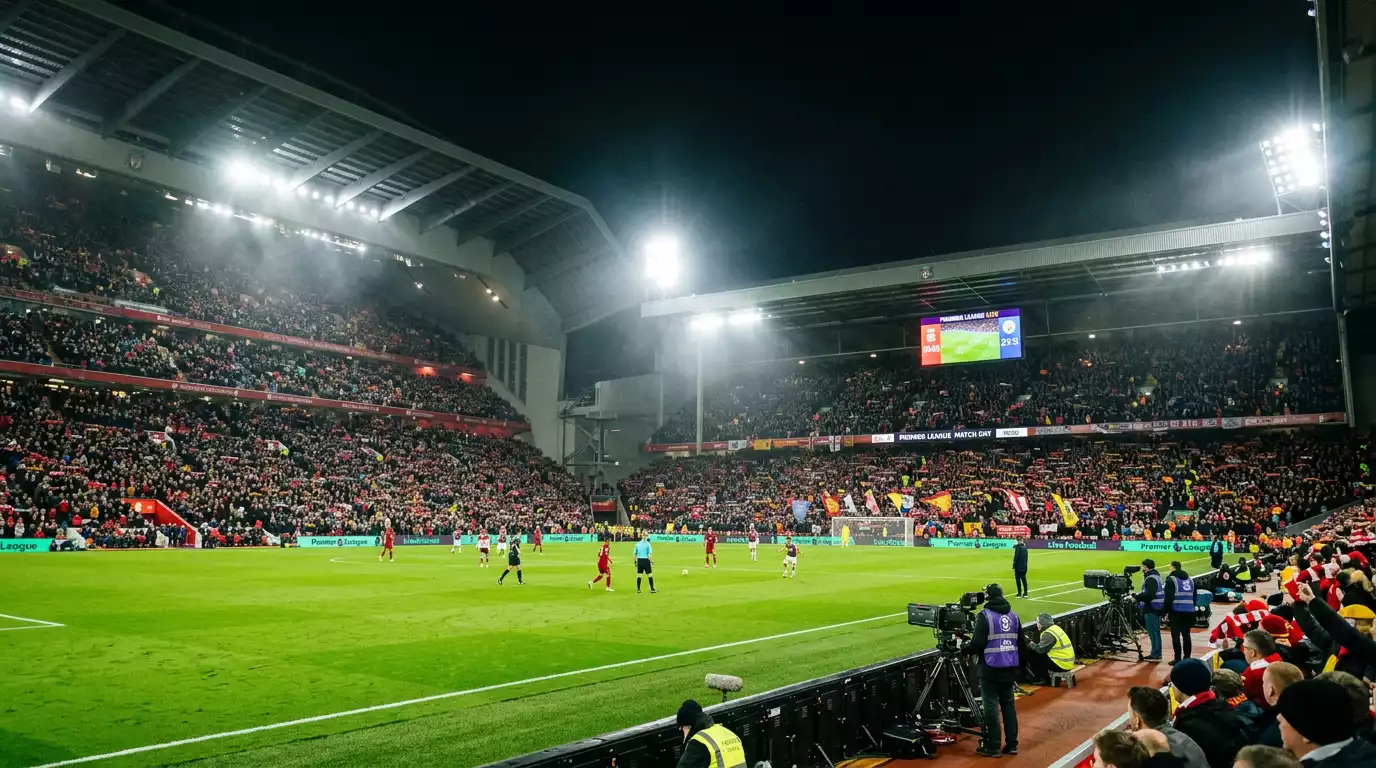 Estadio de fútbol inglés lleno durante un partido de la Premier League con ambiente nocturno